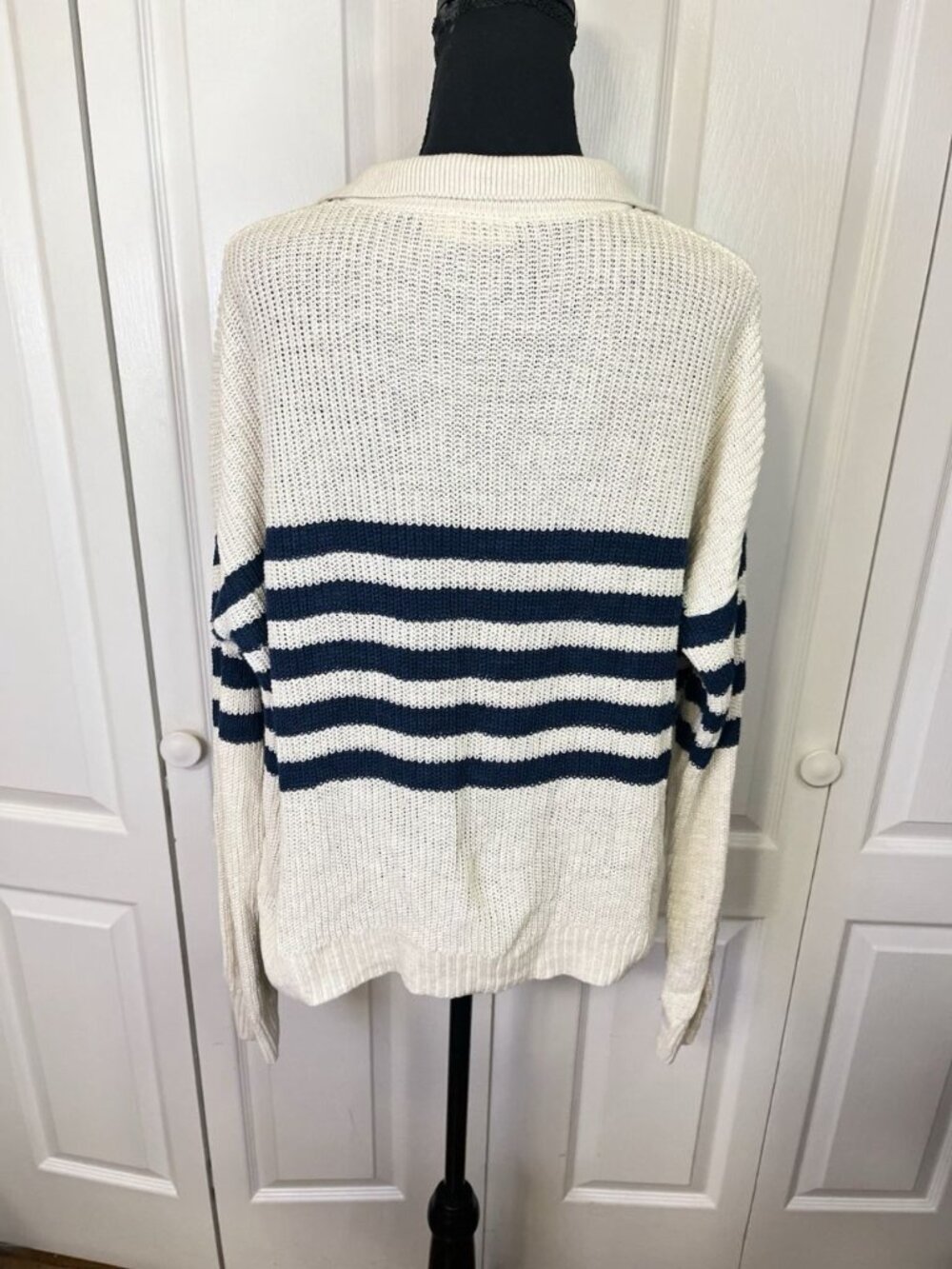 Faherty Mirimar Linen Polo in Ocean Ties Striped Sweater Sz M Navy Cream Collar - Picture 9 of 13